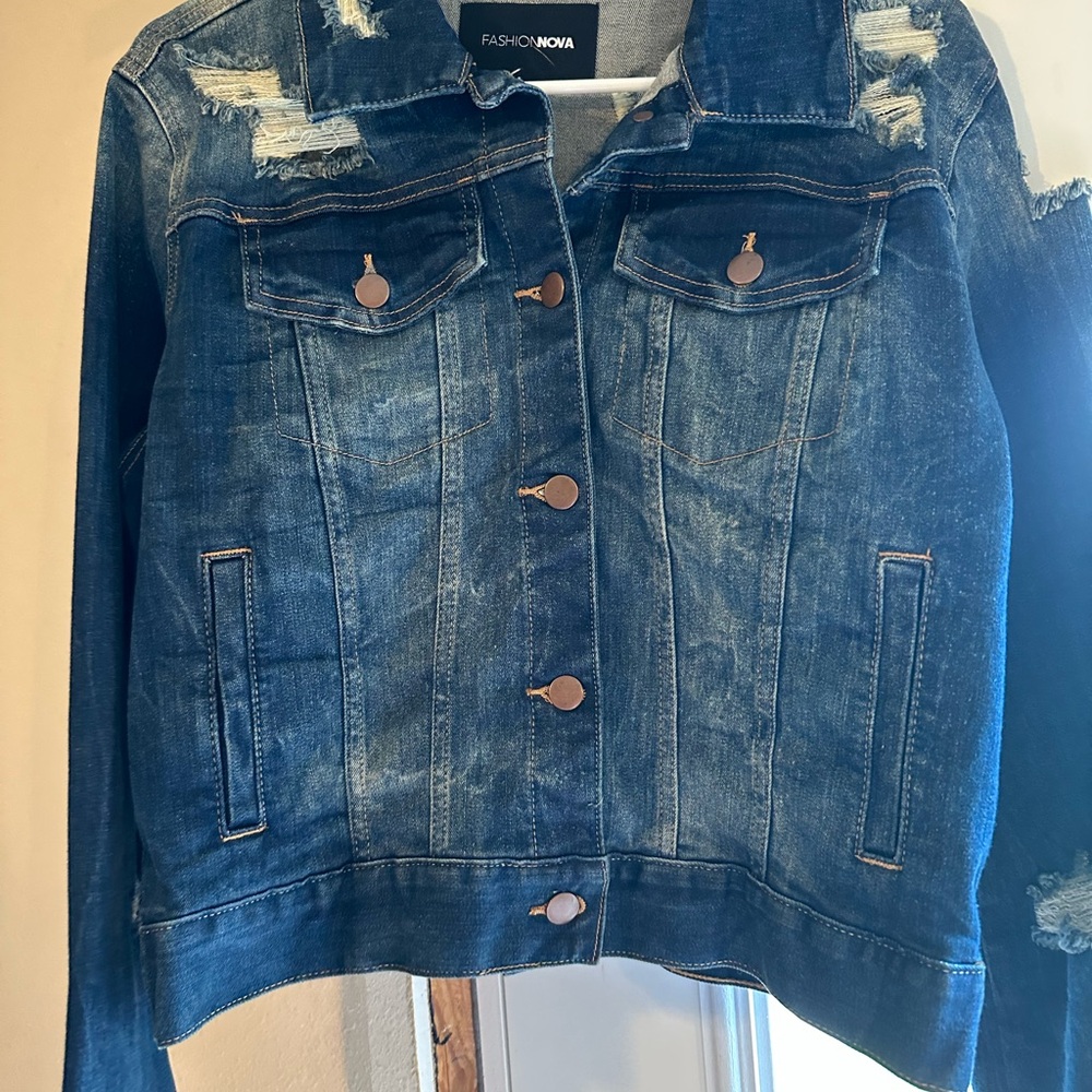 Trendy Blue Distressed Denim Jacket